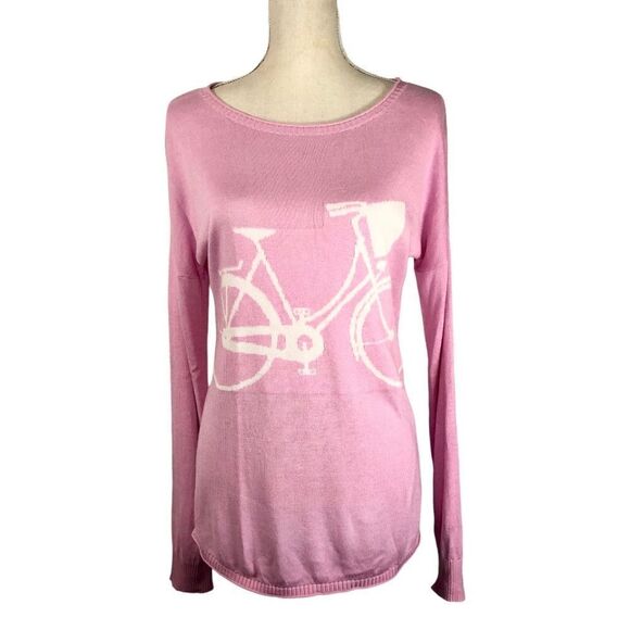Dunffield Lane Pink Sweater Bicycle Print Silk Blend Barbie Pink Size Small - Picture 2 of 10